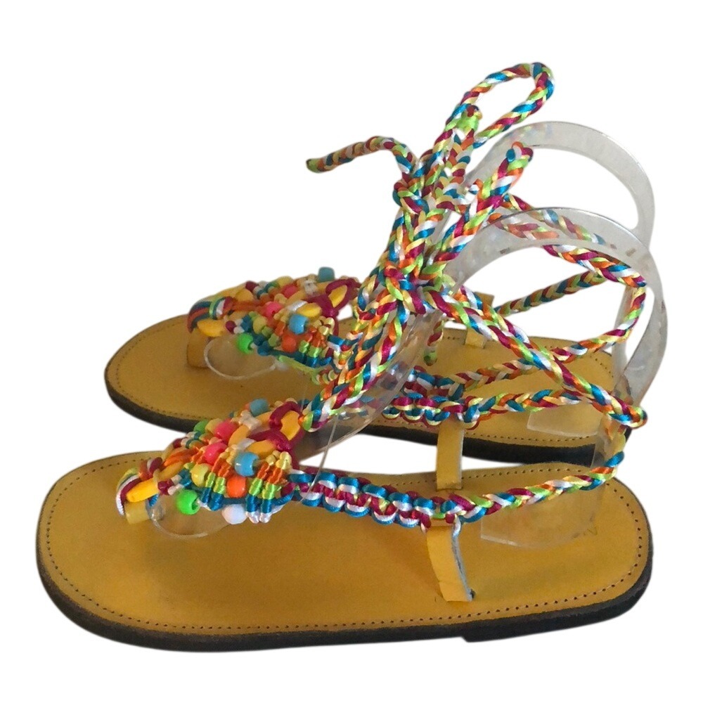 Yellow Leather Multi Color Beaded Braided Lace Up Gladiator Sandals Thong Flat